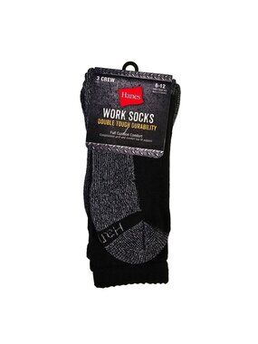 Hanes Work Socks 3pk Crew Men's Size 6-12 Black Full Cushion Compression Wicking